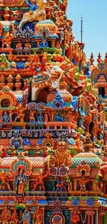 Colorful Indian temple artwork with intricate carvings.