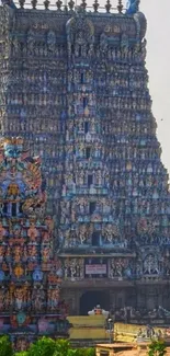 Colorful facade of intricate Indian temple.