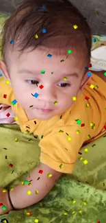 Cute infant on a bed with colorful confetti around.