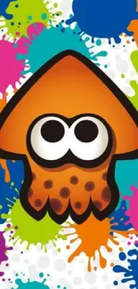 Cartoon squid with colorful paint splashes on a mobile wallpaper