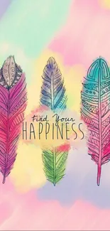 Colorful feathers with 'Find Your Happiness' text on pastel background.