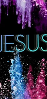 Vibrant color burst with 'Jesus' text on black background.