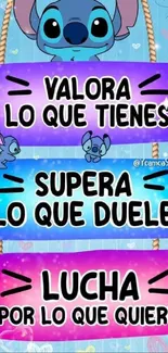 Inspirational wallpaper with Spanish quotes and colorful cartoon graphics.