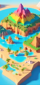 Vibrant 3D illustration of an island paradise with mountains and palm trees.