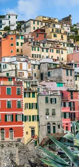 Colorful Italian houses on a hillside in a coastal village.