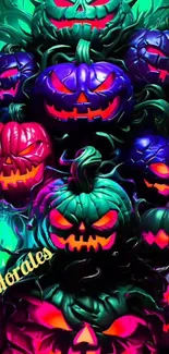 Vibrant pumpkins with glowing faces for Halloween.