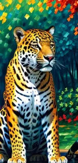 Colorful jaguar sitting in a vibrant forest with multicolored foliage.