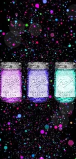 Colorful mason jars glowing against a sparkling black background.