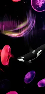 Colorful jellyfish and orca on a dark background mobile wallpaper.