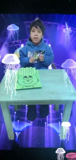 Child at desk surrounded by glowing jellyfish in a neon cosmic scene.