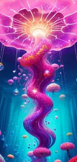 Vibrant pink fantasy jellyfish in a colorful ocean scene.