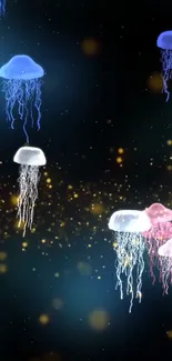 Colorful jellyfish glowing against a dark, starry background.