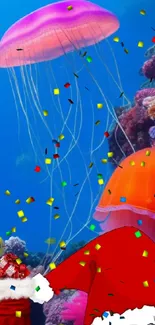 Bright jellyfish and holiday decor on a vivid blue ocean background.