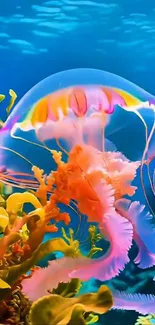 Colorful jellyfish in vibrant underwater scene, perfect for mobile wallpaper.