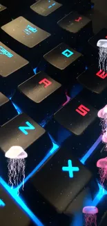 Colorful jellyfish float over a glowing keyboard.