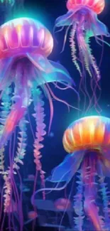 Vibrant neon jellyfish wallpaper with colorful aquatic scene.