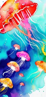 Vibrant watercolor jellyfish in ocean-themed mobile wallpaper.