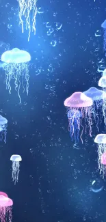 Colorful jellyfish floating in deep blue ocean wallpaper.