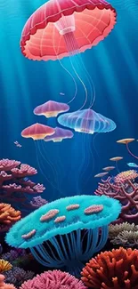 Colorful jellyfish and corals under blue ocean waves.