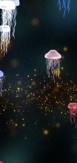 Colorful jellyfish floating in a starry night-themed wallpaper.