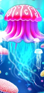 Vibrant pink jellyfish in underwater scene mobile wallpaper.