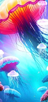 Colorful jellyfish floating in a vibrant underwater scene.