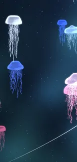 Colorful jellyfish floating in dark ocean wallpaper scene.