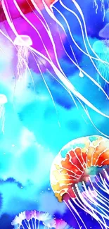 Colorful watercolor jellyfish in vibrant blue underwater scene.