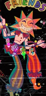 Colorful cartoon jester with a big smile and vibrant outfit on black background.