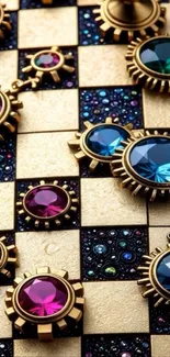 Vibrant jeweled chessboard pattern wallpaper.