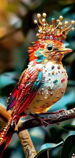 Jewel-adorned bird with crown, vibrant mobile wallpaper.