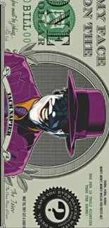 Joker-themed dollar bill wallpaper with vibrant colors and playful design.