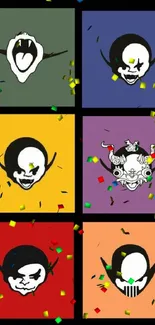 Colorful joker faces on geometric blocks with black background.