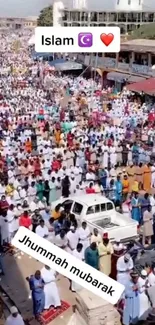 A vibrant crowd celebrates Jummah Mubarak in an outdoor gathering.