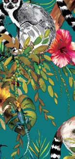 Tropical wallpaper with lemurs, foliage, and lizards