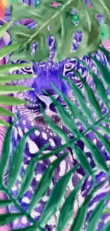 Purple leopard with green leaves in a jungle-themed wallpaper.