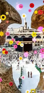 Vibrant floral view of the Kaaba in Mecca surrounded by colorful flowers.