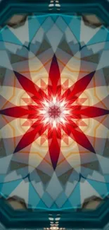 Vibrant kaleidoscope wallpaper with red and blue geometric shapes.