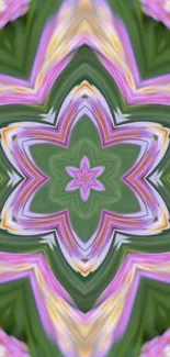 Colorful kaleidoscope pattern in pink, green, and yellow tones.