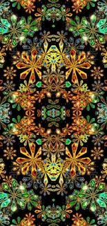 Colorful kaleidoscope pattern with geometric flowers.