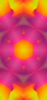 Colorful kaleidoscope pattern wallpaper in pink, orange, and yellow hues.