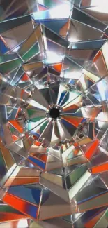 Colorful kaleidoscope spiral with geometric reflections.