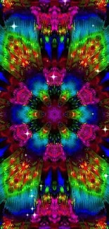 Colorful kaleidoscope pattern with vibrant colors for mobile wallpaper.