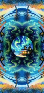 Kaleidoscope design with aurora lights and winter cabin.