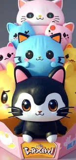 Cute cartoon cats stacked in a basket with colorful plush design.