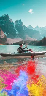 Kayaker on a serene lake with vibrant colors and mountain backdrop.