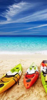 Colorful kayaks on a tropical beach with azure ocean and skyscape.