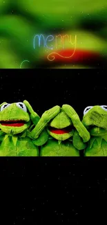 Green frog trio with neon 'Merry' sign on mobile wallpaper.