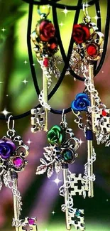 Colorful key charms with roses on a vibrant background.