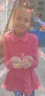 Happy child in colorful classroom with heart decorations.